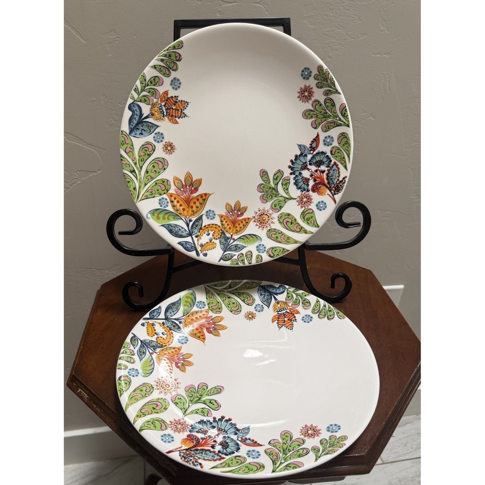 Dash of That Colorful Floral Earthenware 11" Dinner Plates Lot of Two Pair